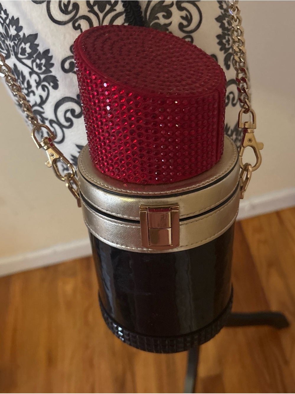 Red Lipstick Crossbody Bag with Gold Trim